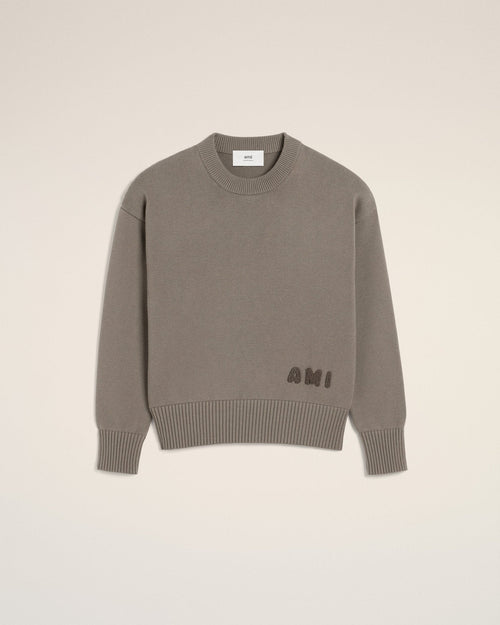 BEIGE COTTON AMI EMBROIDERED CREWNECK SWEATER - kleostreetwear