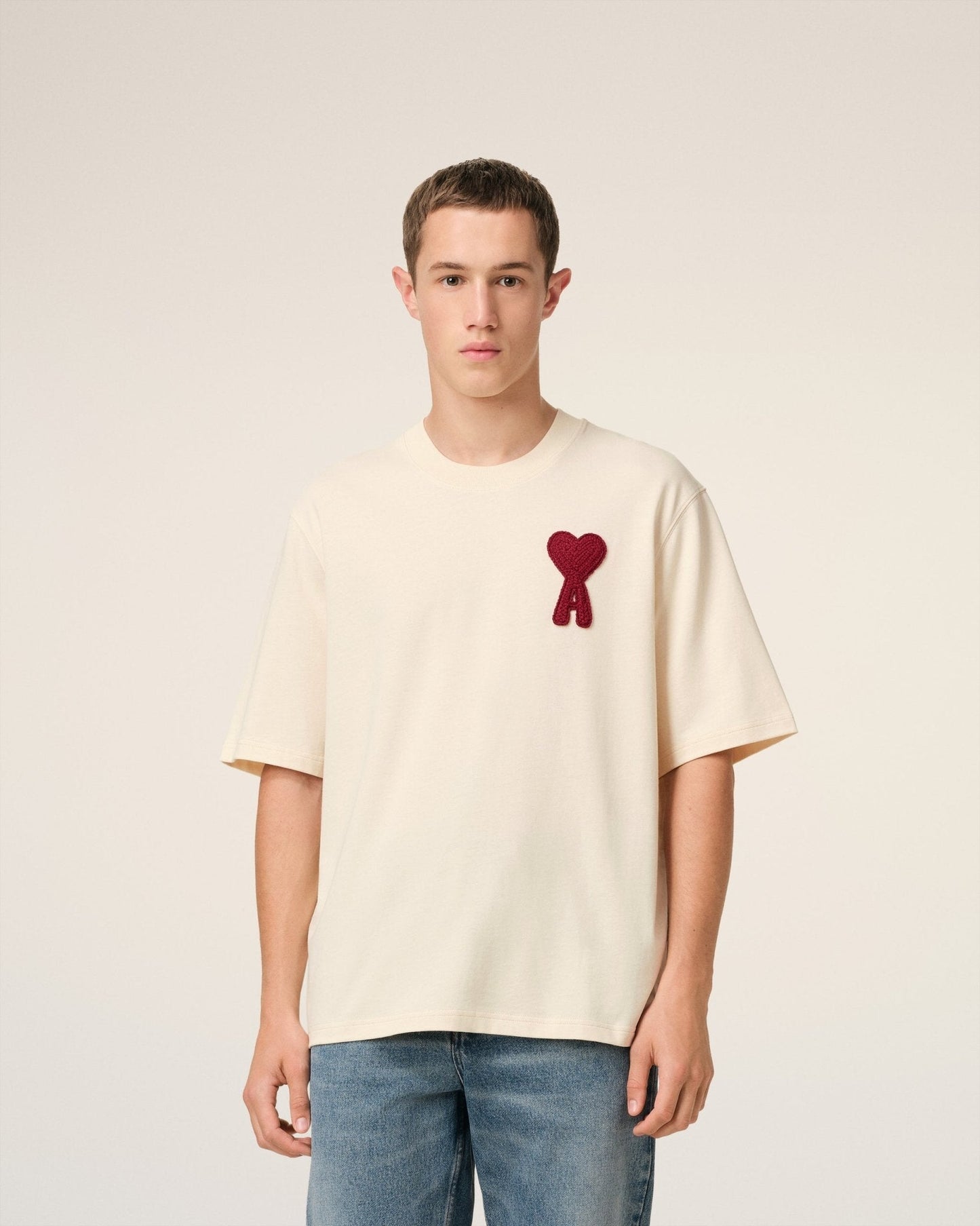 BEIGE COTTON AMI PATCH T - SHIRT - kleostreetwear
