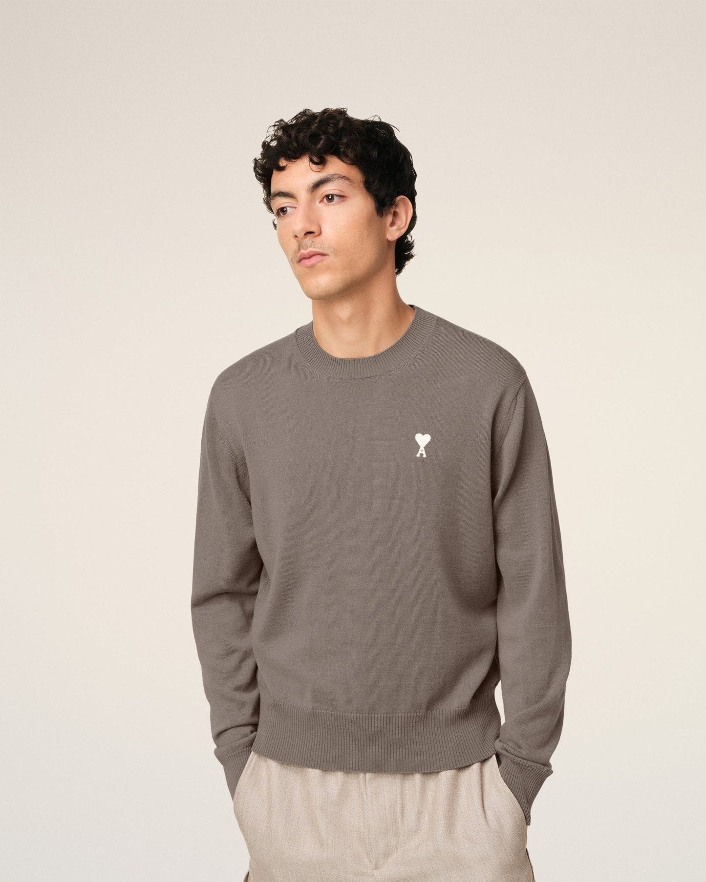 BEIGE WOOL AMI CREW NECK SWEATER - kleostreetwear