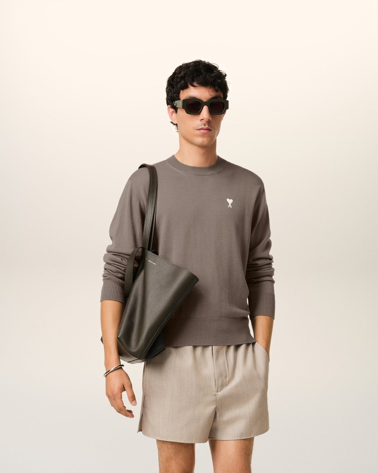 BEIGE WOOL AMI CREW NECK SWEATER - kleostreetwear
