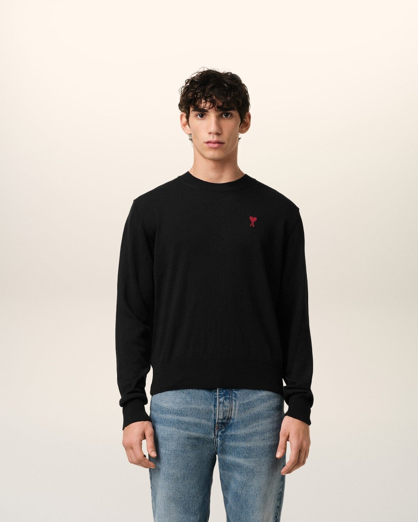 BLACK WOOL AMI CREW NECK SWEATER - kleostreetwear