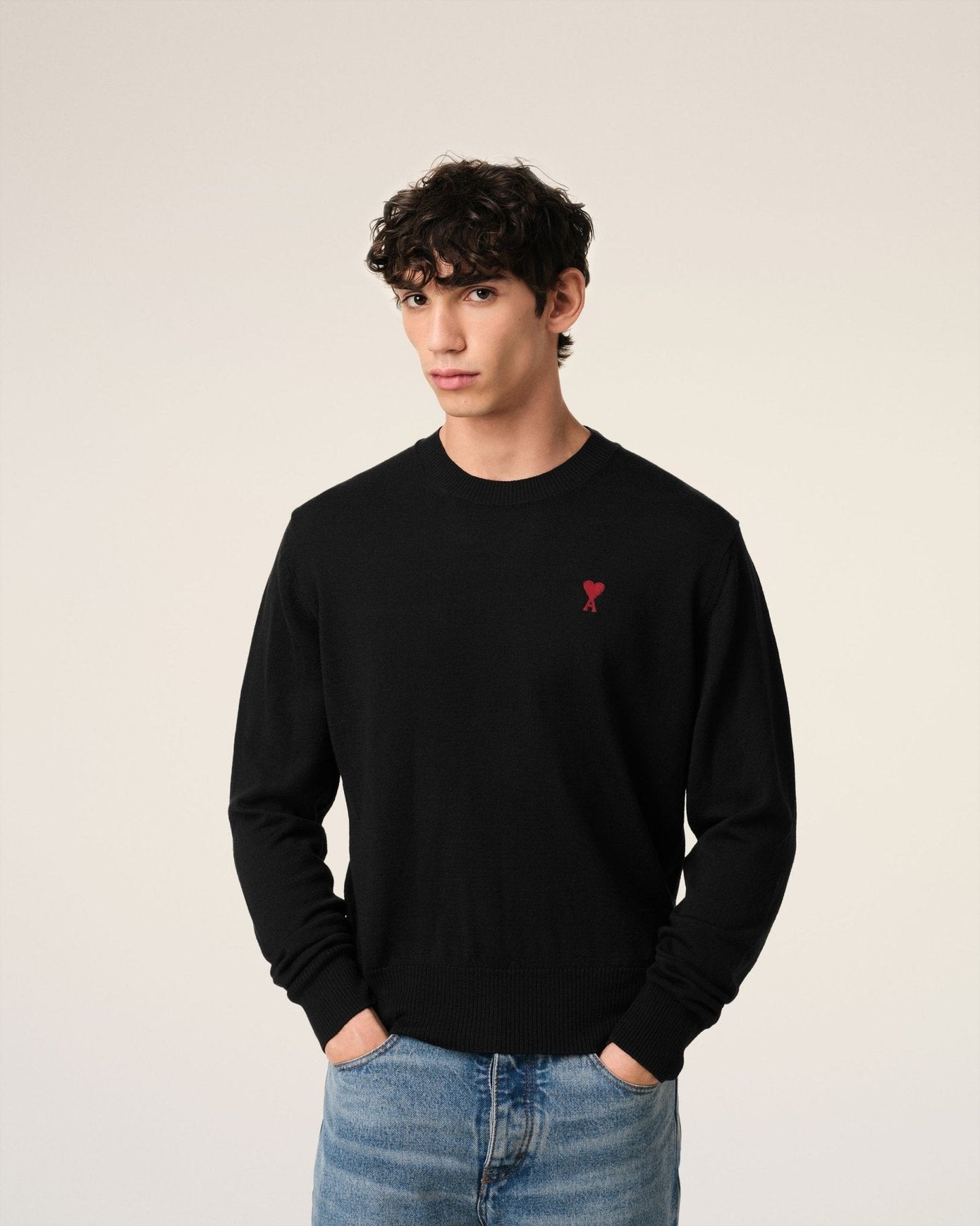 BLACK WOOL AMI CREW NECK SWEATER - kleostreetwear
