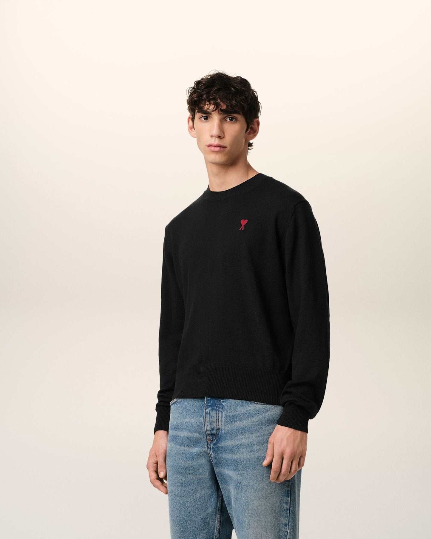 BLACK WOOL AMI CREW NECK SWEATER - kleostreetwear
