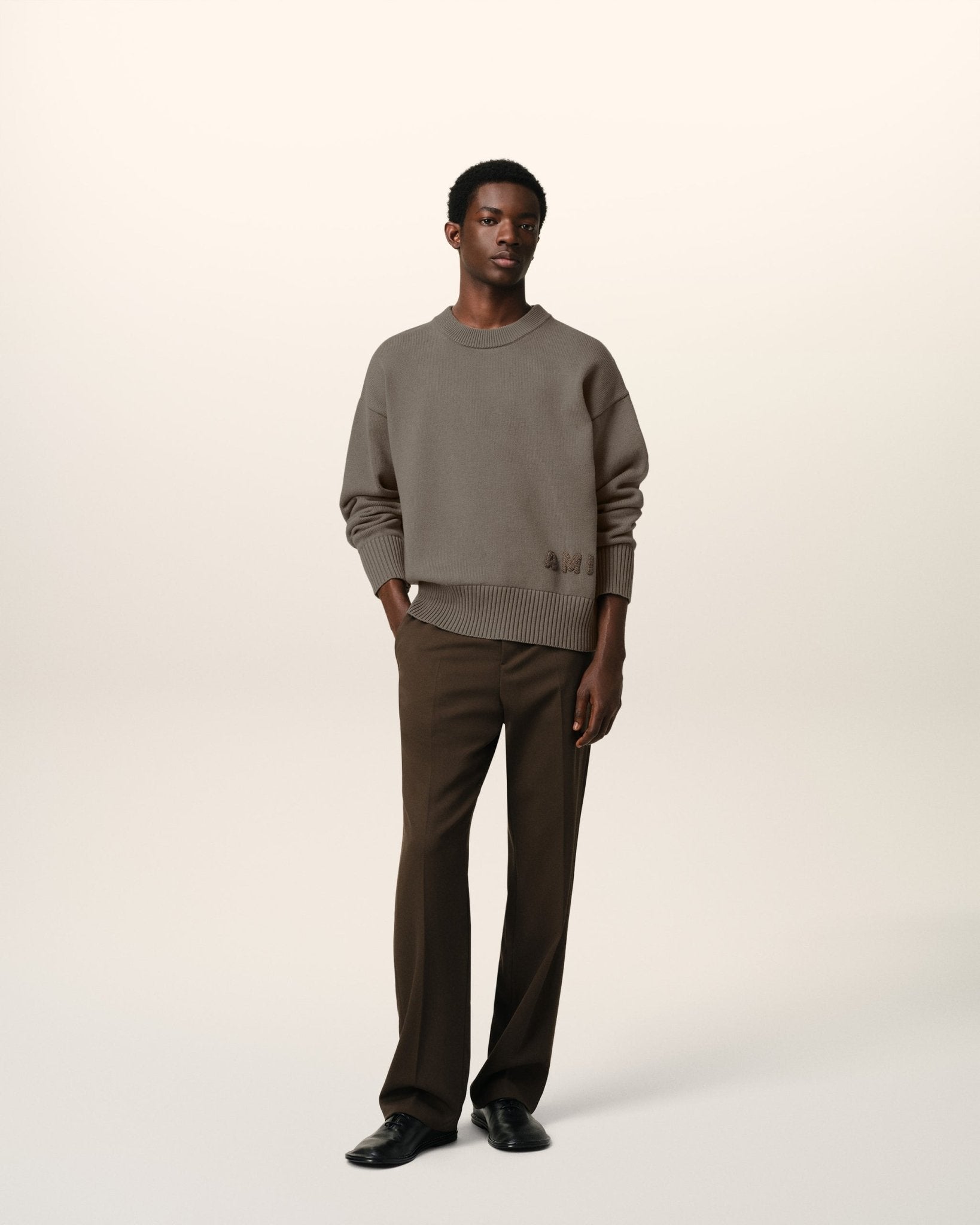 BEIGE COTTON AMI EMBROIDERED CREWNECK SWEATER - kleostreetwear