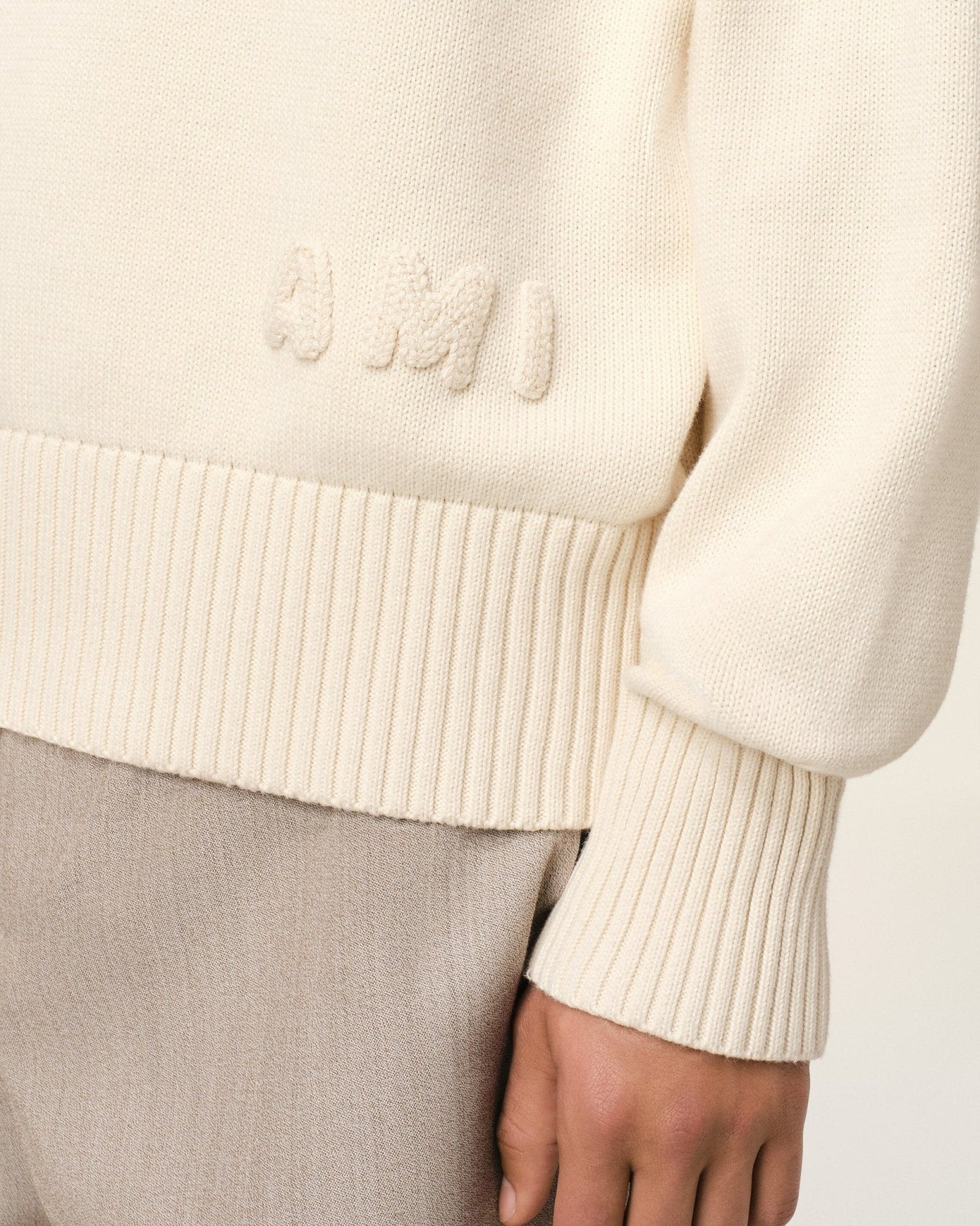 BEIGE COTTON AMI EMBROIDERED CREWNECK SWEATER - kleostreetwear