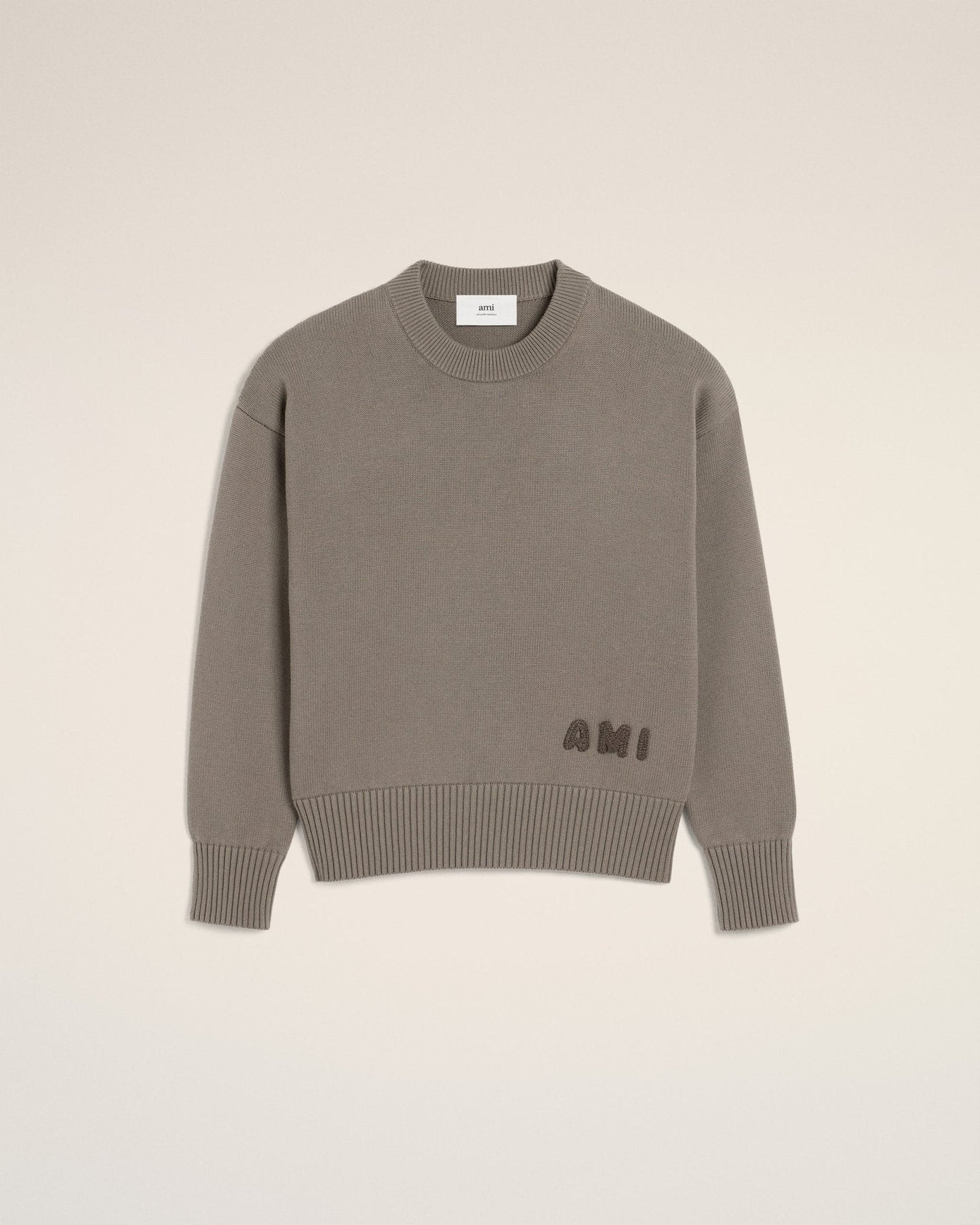 BEIGE COTTON AMI EMBROIDERED CREWNECK SWEATER - kleostreetwear