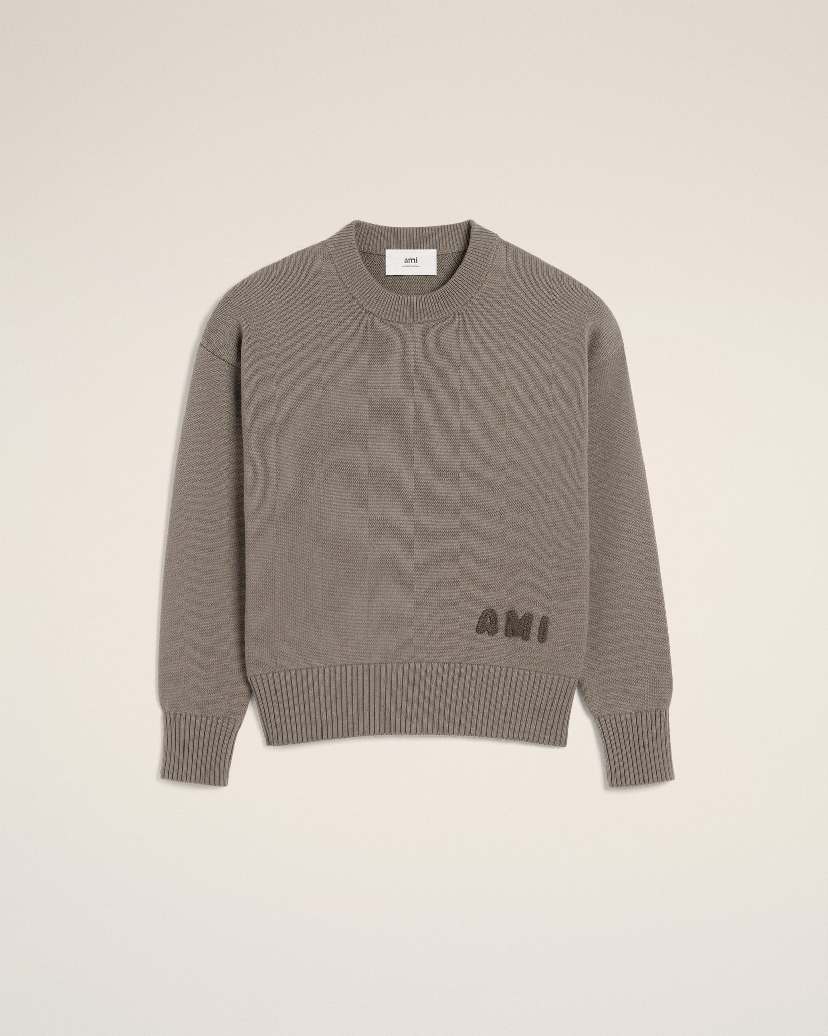 BEIGE COTTON AMI EMBROIDERED CREWNECK SWEATER - kleostreetwear