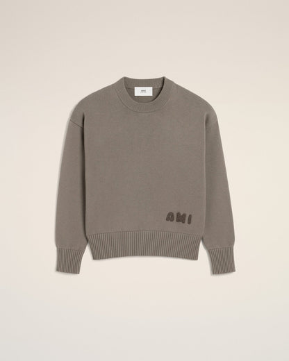 BEIGE COTTON AMI EMBROIDERED CREWNECK SWEATER - kleostreetwear
