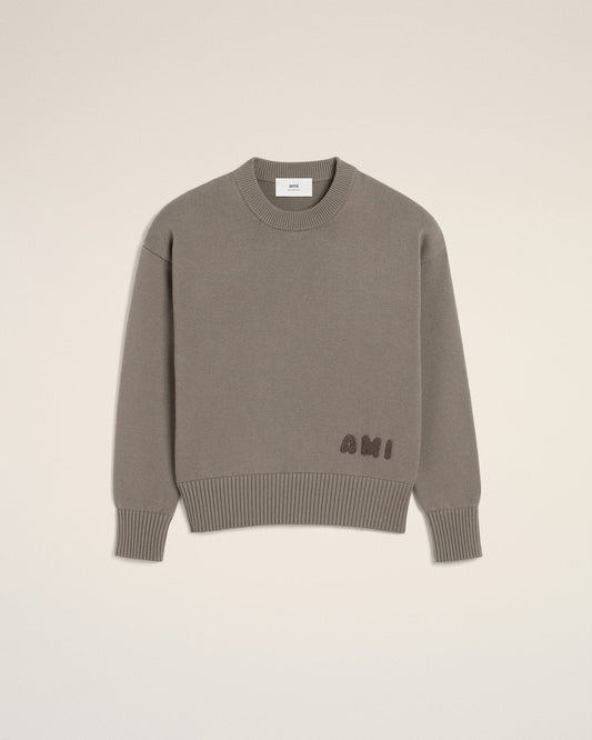 BEIGE COTTON AMI EMBROIDERED CREWNECK SWEATER - kleostreetwear