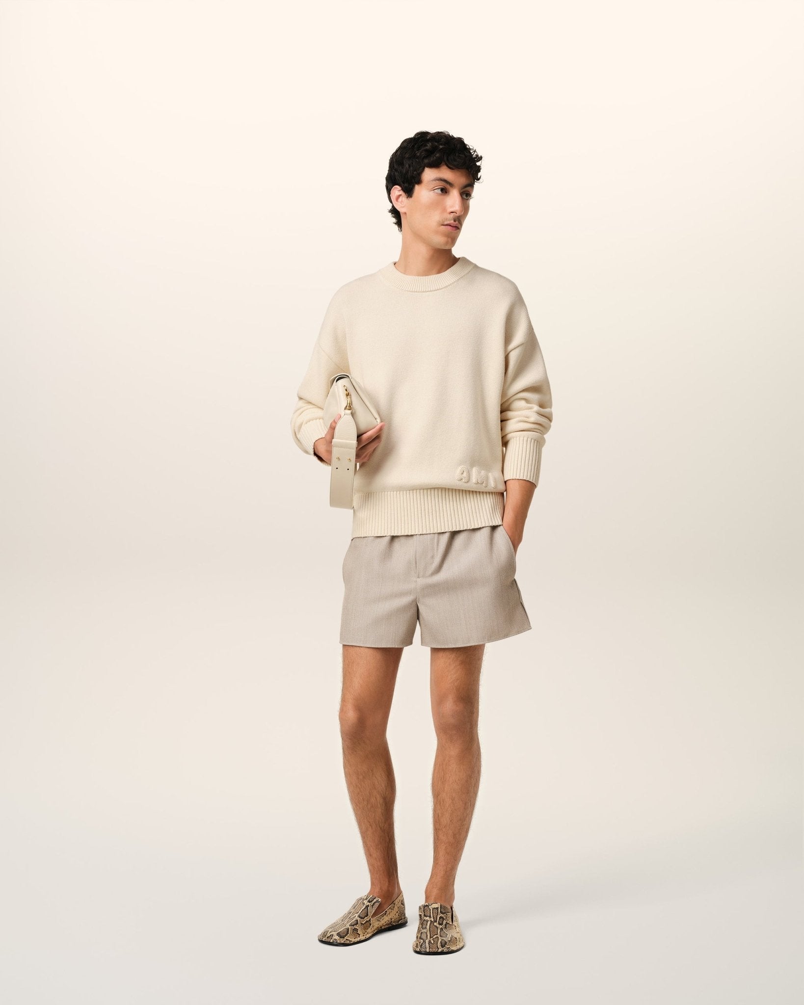 BEIGE COTTON AMI EMBROIDERED CREWNECK SWEATER - kleostreetwear