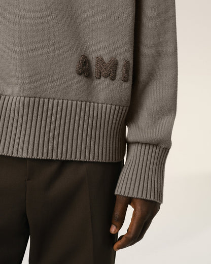 BEIGE COTTON AMI EMBROIDERED CREWNECK SWEATER - kleostreetwear