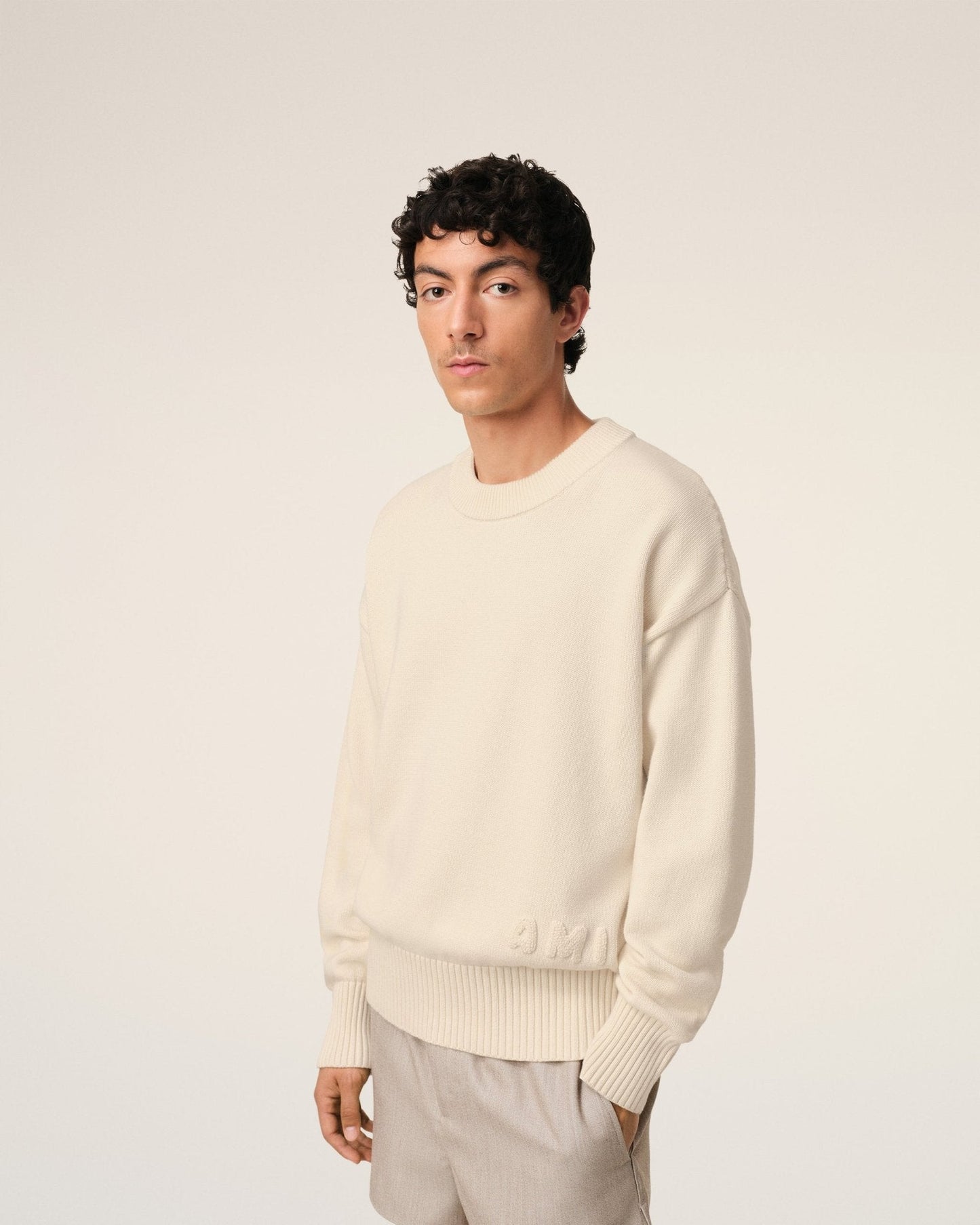 BEIGE COTTON AMI EMBROIDERED CREWNECK SWEATER - kleostreetwear