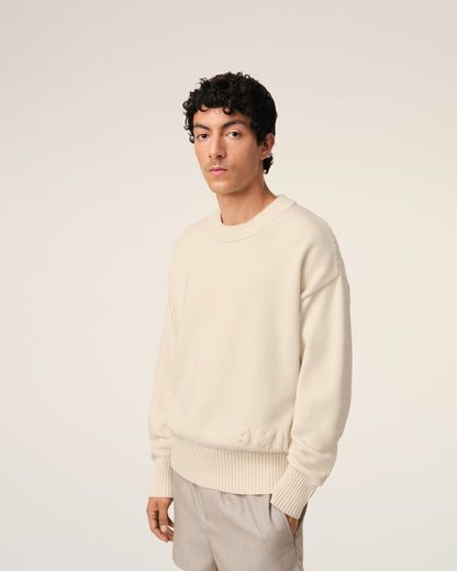 BEIGE COTTON AMI EMBROIDERED CREWNECK SWEATER - kleostreetwear