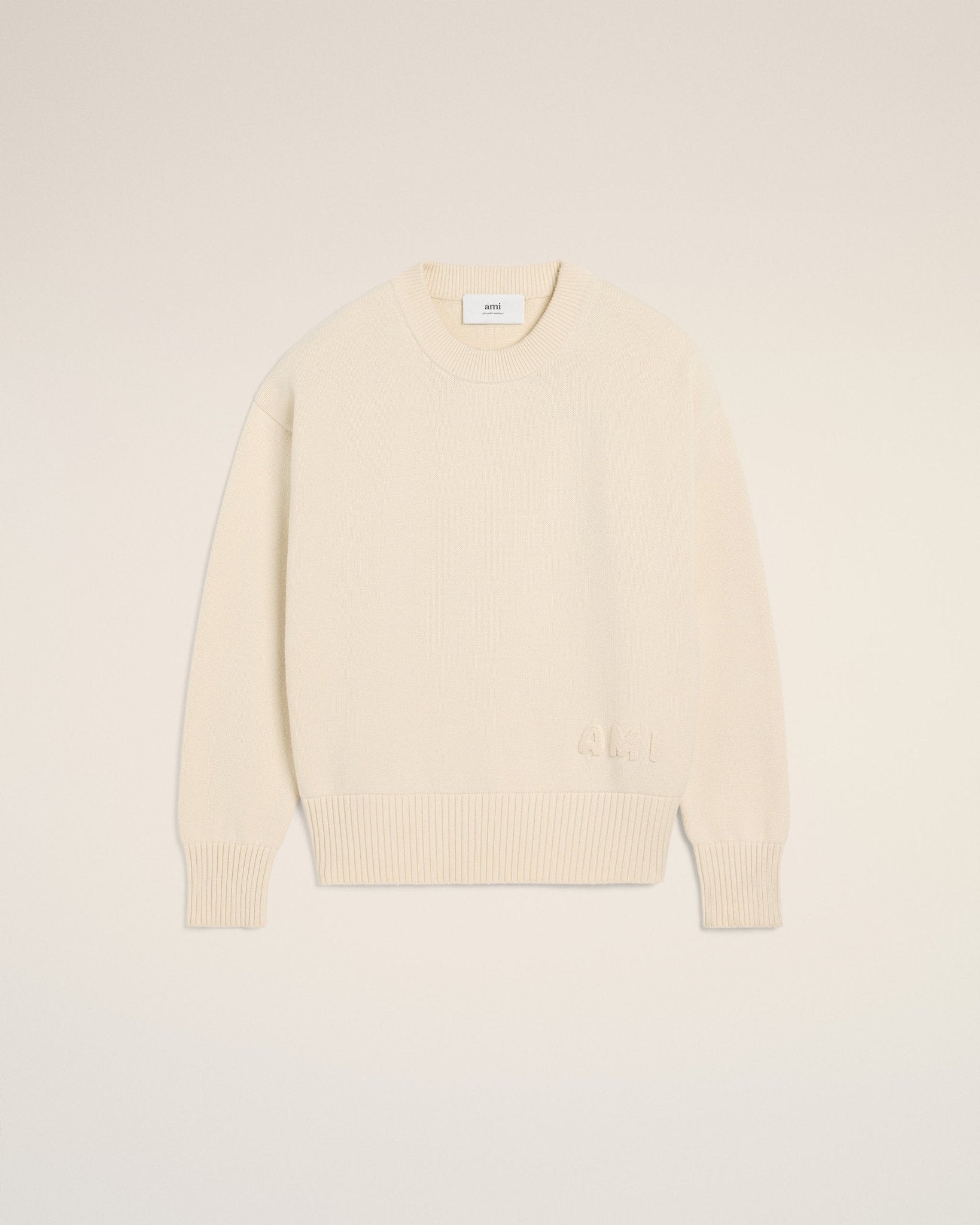 BEIGE COTTON AMI EMBROIDERED CREWNECK SWEATER - kleostreetwear