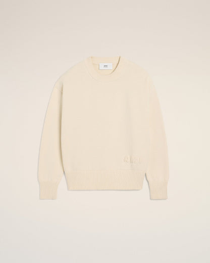 BEIGE COTTON AMI EMBROIDERED CREWNECK SWEATER - kleostreetwear
