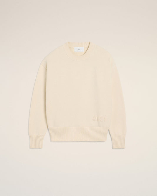BEIGE COTTON AMI EMBROIDERED CREWNECK SWEATER - kleostreetwear