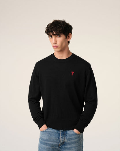 BLACK WOOL AMI CREW NECK SWEATER - kleostreetwear